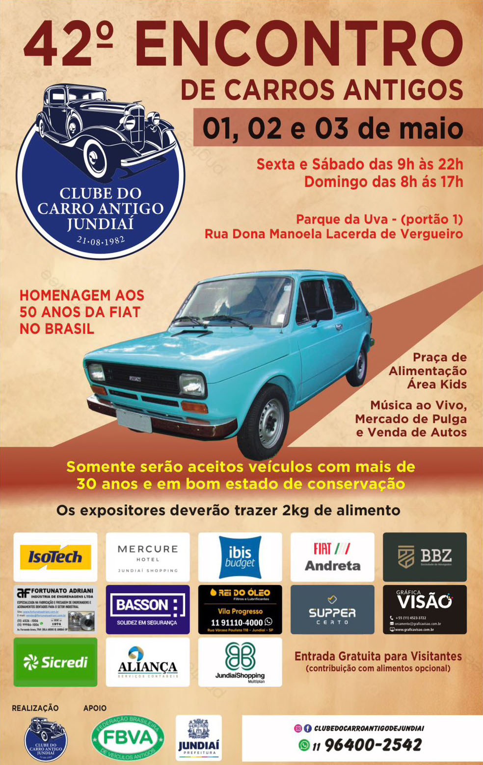O Clube do Carro Antigo de Jundiaí promove o 42º Encontro de Carros Antigos, um dos mais tradicionais eventos do gênero na região, que vai durar 3 dias, o dia inteiro, reunindo milhares de apaixonados por veículos clássicos, colecionadores e famílias em um ambiente repleto de história, cultura, música, comida e entretenimento.

O encontro será realizado entre os dias 1º, 2 e 3 de maio, no Parque da Uva (portão 1), localizado na Rua Dona Manoela Lacerda de Vergueiro, em Jundiaí. A programação ocorre na sexta-feira e no sábado, das 9h às 22h, e no domingo, das 8h às 17h.

Nesta edição, o evento contará com uma homenagem especial aos 50 anos da Fiat no Brasil, celebrando a importância da marca na história automobilística nacional.

Além da exposição de veículos com mais de 30 anos e em excelente estado de conservação, o público poderá desfrutar de diversas atrações, como praça de alimentação, área kids, música ao vivo, mercado de pulgas e espaço para compra e venda de automóveis antigos.

A entrada é gratuita para visitantes, com a opção de contribuição solidária por meio da doação de alimentos. Já os expositores deverão colaborar com a doação de 2 kg de alimentos, reforçando o caráter social do evento.

O 42º Encontro de Carros Antigos de Jundiaí consolida-se, mais uma vez, como uma oportunidade única para reviver memórias, apreciar relíquias sobre rodas e celebrar a paixão pelo automobilismo clássico.