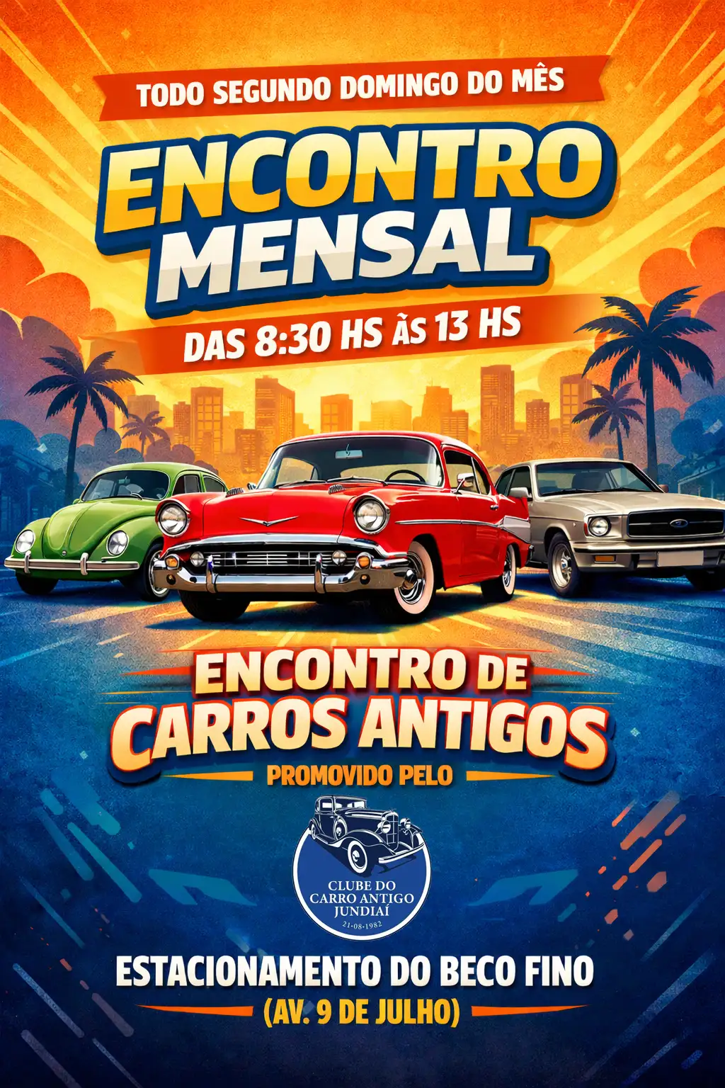 Nosso encontro mensal já se consolidou como um dos eventos mais tradicionais e aguardados pelos admiradores do antigomobilismo na região. Promovido sempre no segundo domingo de cada mês, o encontro reúne entusiastas, colecionadores e famílias em um ambiente descontraído, seguro e repleto de história sobre rodas.

Durante o período das 8h30 às 13h, o espaço se transforma em uma verdadeira exposição a céu aberto, onde veículos clássicos de diversas décadas encantam o público pela originalidade, conservação e valor histórico. Modelos icônicos, cuidadosamente preservados, despertam memórias afetivas e proporcionam uma verdadeira viagem no tempo, conectando diferentes gerações por meio da paixão automotiva.

Além da exposição dos veículos, o evento se destaca pelo clima de confraternização entre os participantes. Proprietários compartilham histórias, experiências e conhecimentos técnicos, fortalecendo a cultura do antigomobilismo e incentivando a preservação desse importante patrimônio histórico.

Com organização consistente e crescente participação do público, o encontro mensal reafirma o compromisso do clube em valorizar a história automotiva e promover momentos de lazer e integração na cidade. Trata-se de uma excelente opção de passeio para toda a família, reunindo cultura, entretenimento e tradição em um só lugar.